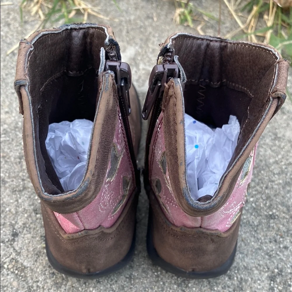 Pink and Brown Kids Cowboy Boots Cowgirl Western boot with Silver Butterfly’s - Picture 6 of 12